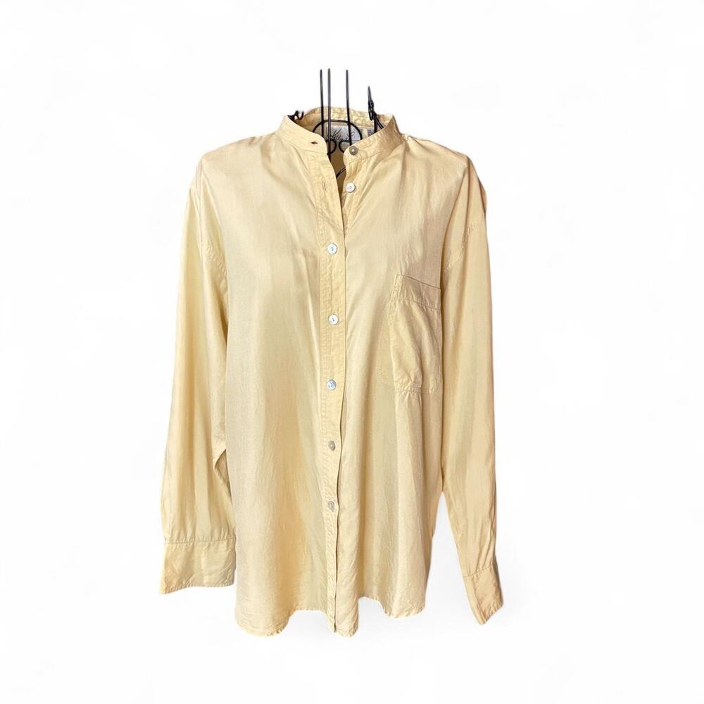 Vintage Kathie Lee Collection 100% Silk Mandarin Collar Blouse Yellow/Cream 10